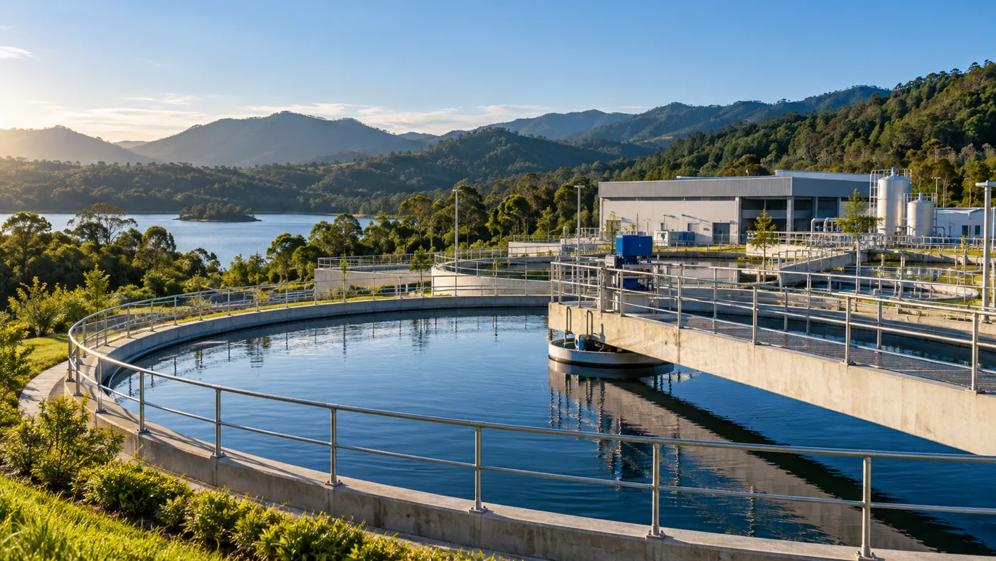 Imagem gerada de infraestrutura de tratamento de água integrada à paisagem.